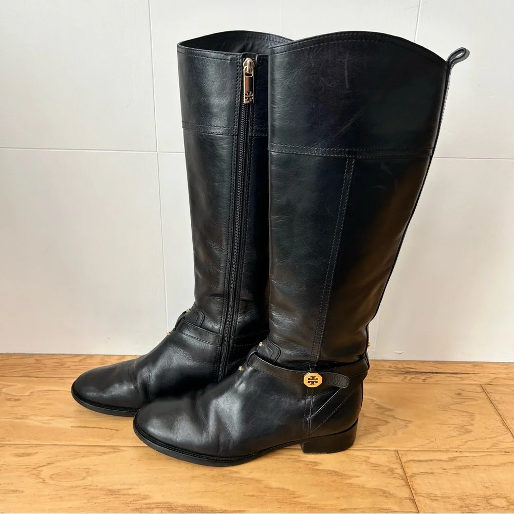 Tory Burch Black Brita Knee High Riding Boot 7 1/2 Signature Gold Metal Trim